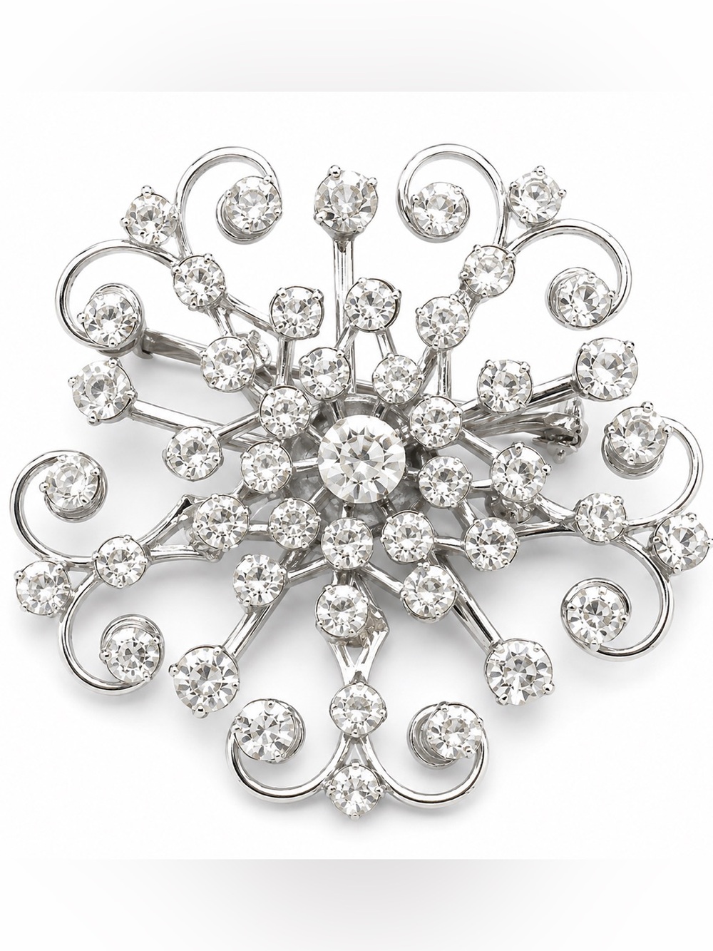 Vintage Clear Rhinestone Snowflake Starburst Brooch Silver Tone Pin